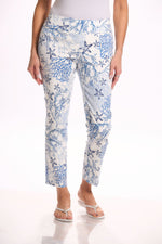 Front image of Lisette printed ankle pants. Blue coral pull on pants. 