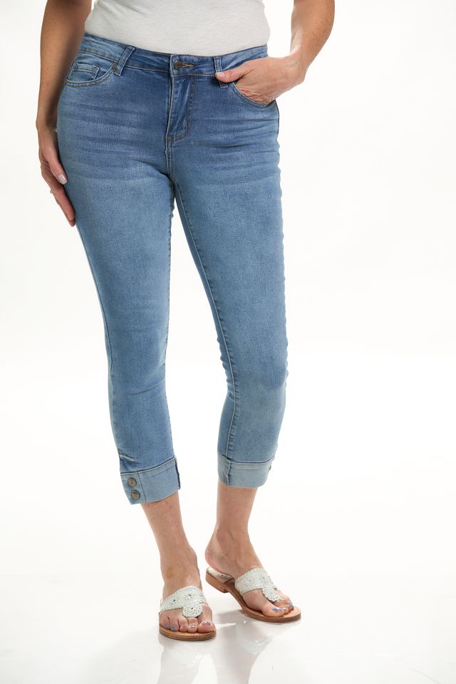 Front image of GG jeans denim crop cuff jeans.