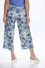 Back image of blue flowers printed gaucho pant. 
