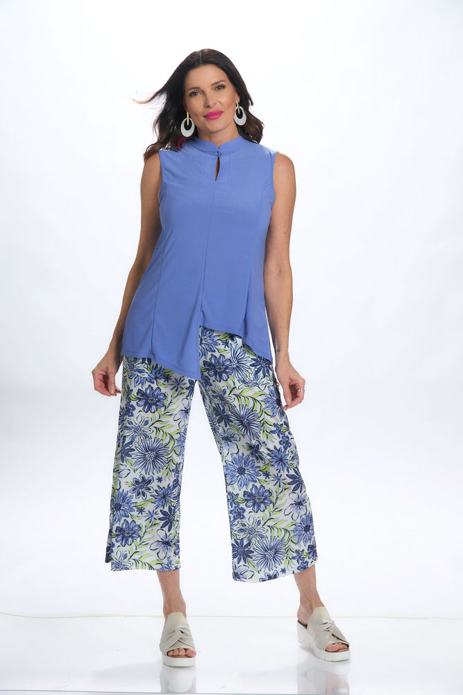 Front image of blue flowers printed gaucho pant. 