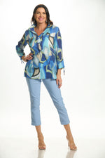 Front image of Fashion Cage cinched sleeve henley top. Blue multi printed top. 