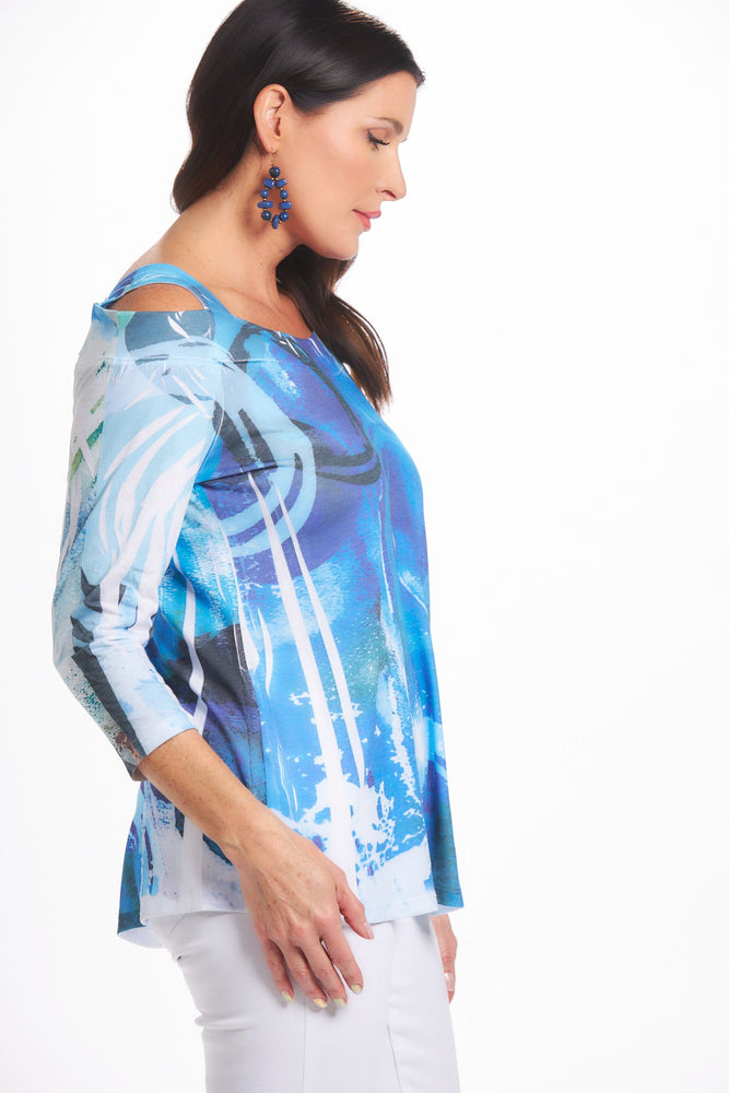 Side image of Impluse 3/4 sleeve print cold shoulder top. Blue printed made in the USA top. 