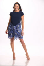 Front image of Mimozza cap sleeve printed dress with chiffon wrap. 