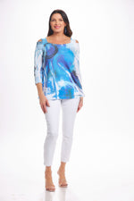 Front image of Impluse 3/4 sleeve print cold shoulder top. Blue printed made in the USA top. 