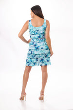 Back  image of Fashque blue printed cha cha dress. Sleeveless dress. 