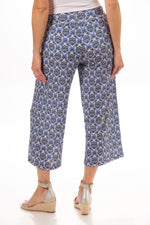 Back image of pull on gaucho pant. Made in the USA blue printed pull on capri. 