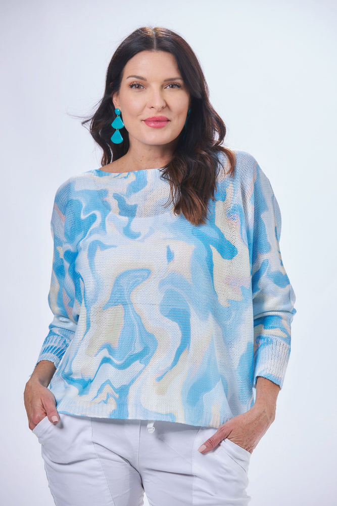 Front image of look mode water paint sweater. Blue printed one size sweater. 