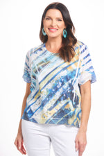 Front image of Impluse blue print top. Made in the USA sequins detail top. 