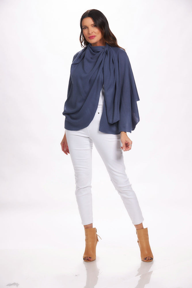 Front image of blue pull through wrap top. 