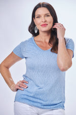 Front image of v-neck short sleeve t-shirt. Solid blue short sleeve shirt. 
