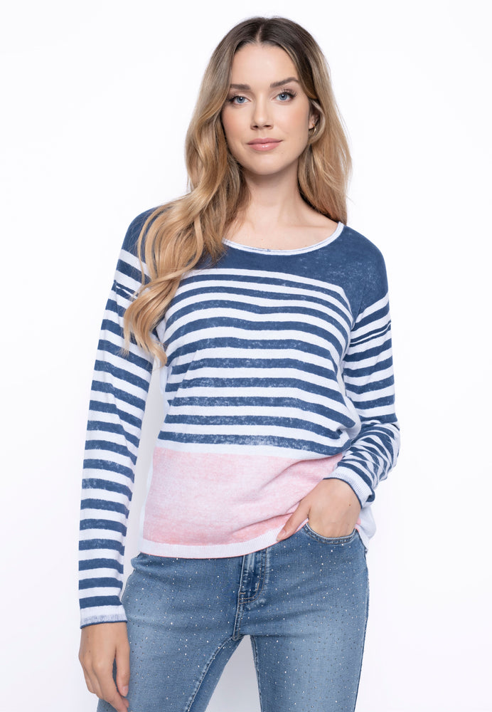 Front image of Picadilly long sleeve printed sweater. Denim multi striped top. 