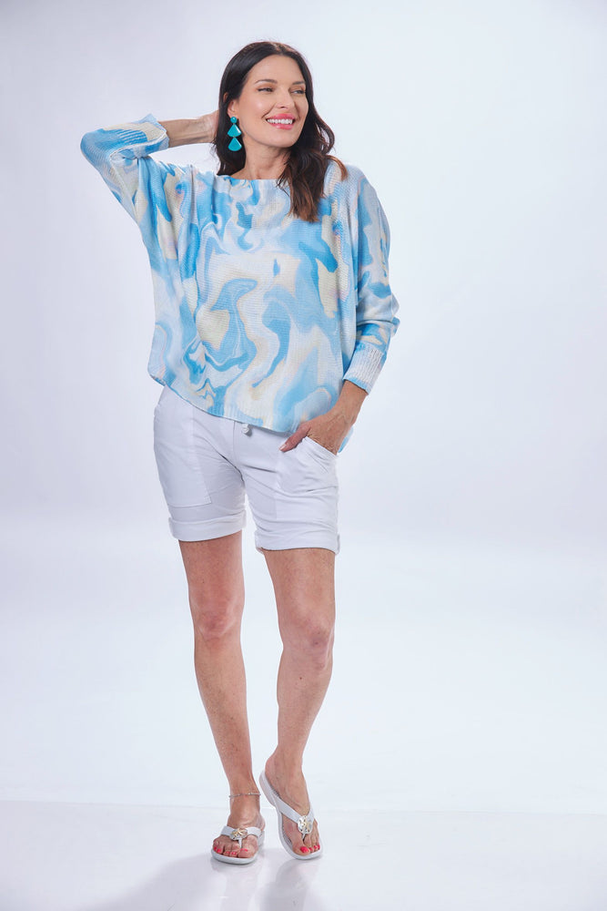 Front image of look mode water paint sweater. Blue printed one size sweater. 