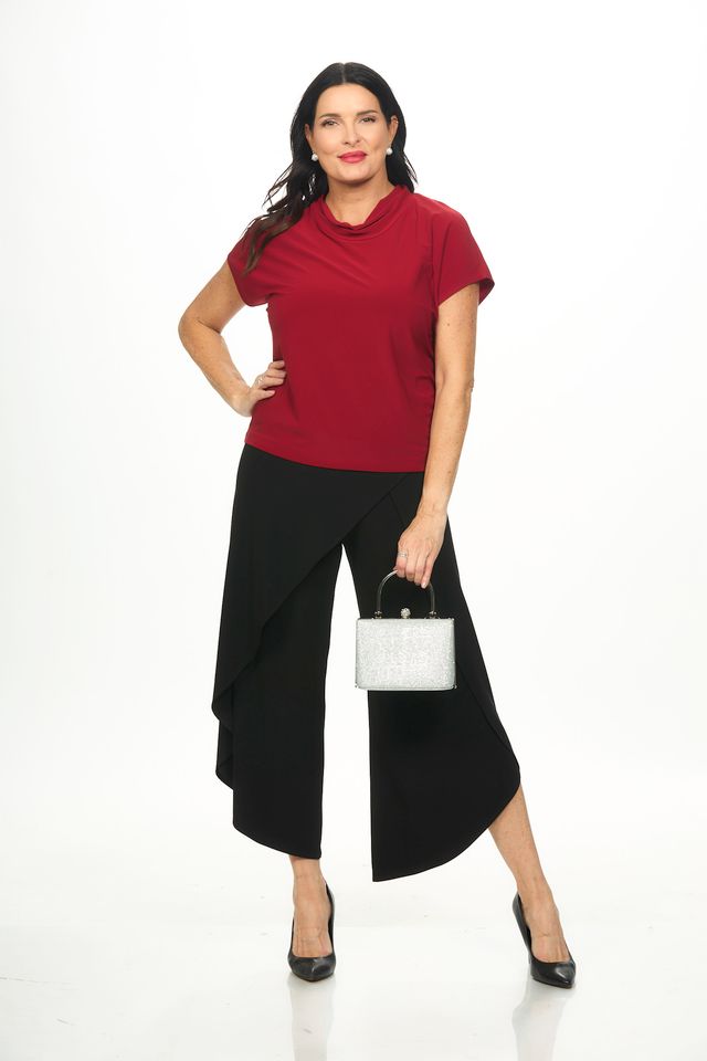 Front image of Picadilly red short sleeve cowl neck top.