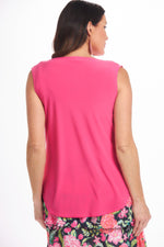 Back image of Mimozza cowl neck top. Bright pink cowl neck tank.