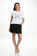 Front image of white butterfly tee shirt. 