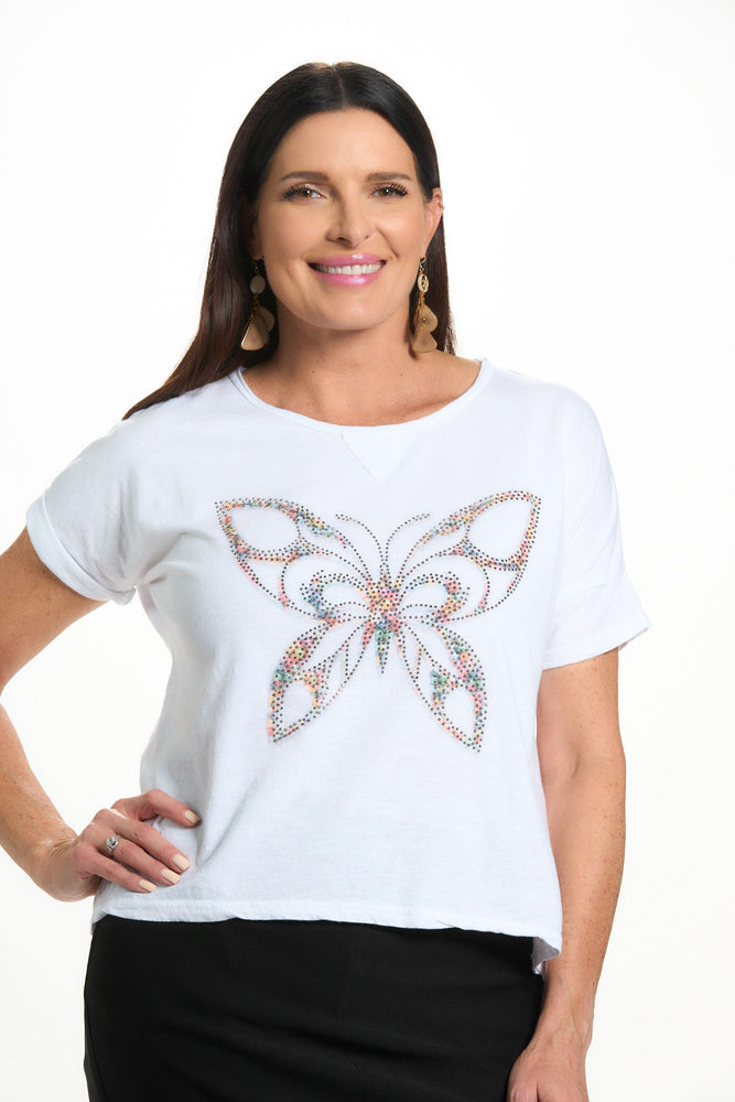 Front image of white butterfly tee shirt. 
