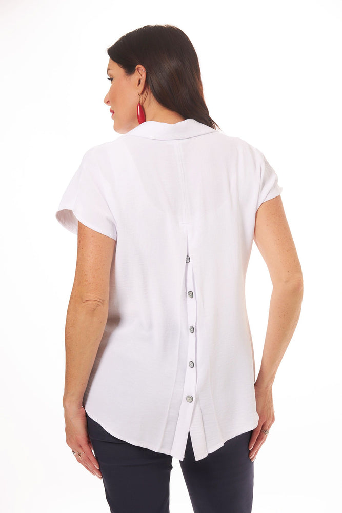 Back image of Last Tango Cap Sleeve Collar Button Back Top. Solid white button back top. 