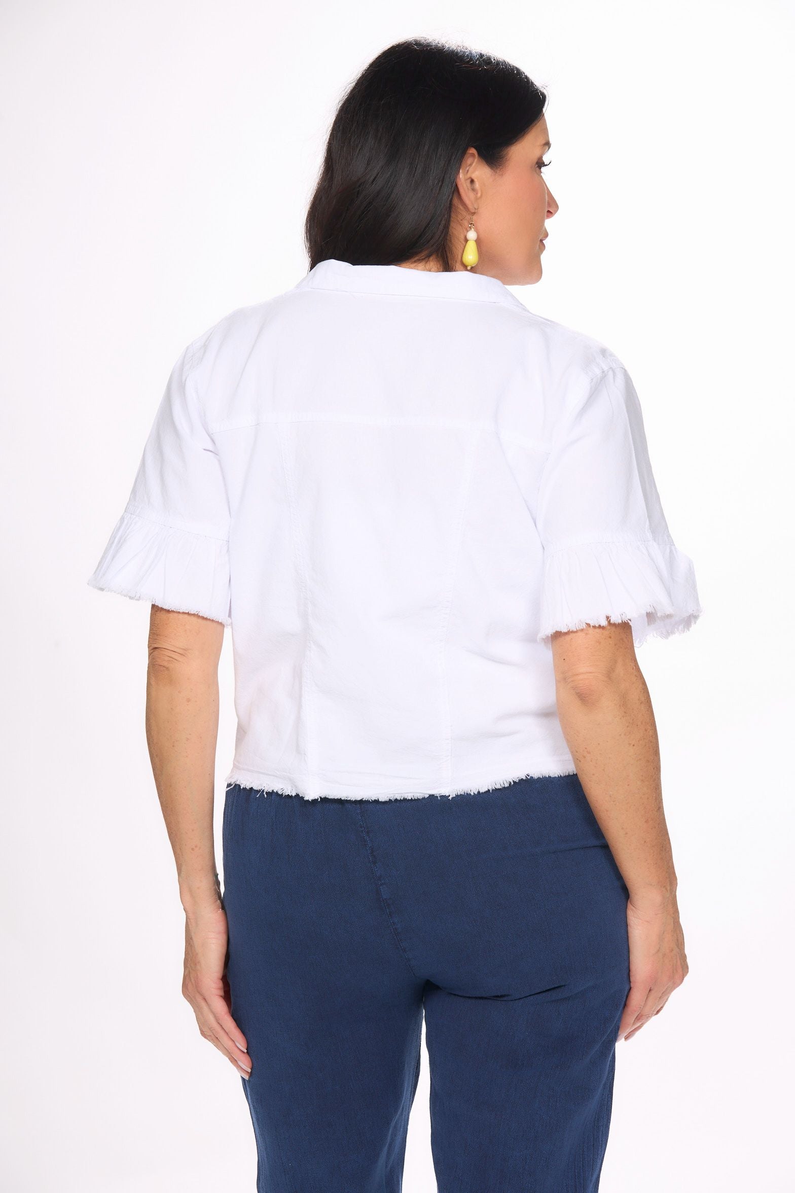 Back image of Giocam white button front short sleeve jacket.
