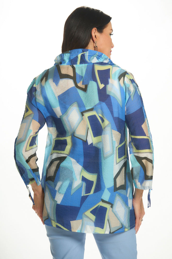 Back image of Fashion Cage cinched sleeve henley top. Blue multi printed top. 