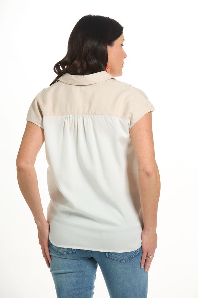 Back image of Elo cap sleeve button and tie front blouse. 