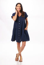 Front image of giocam navy blue button front dress. Short sleeve dress with pockets. 