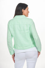 Back image of lulu b long sleeve button front linen jacket. Clear lime linen jacket. 