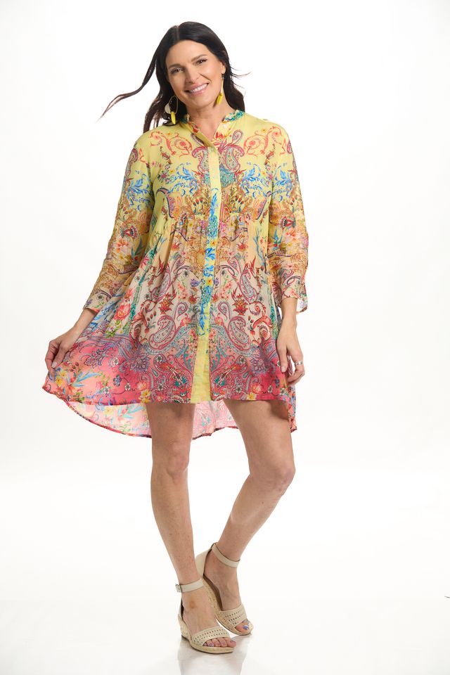 Front image of La Moda long sleeve button front dress in yellow/pink print. 
