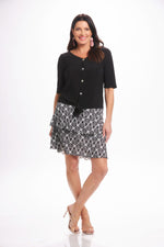 Front image of Mimozza short sleeve v-neck button front tie top. Black short sleeve top. 
