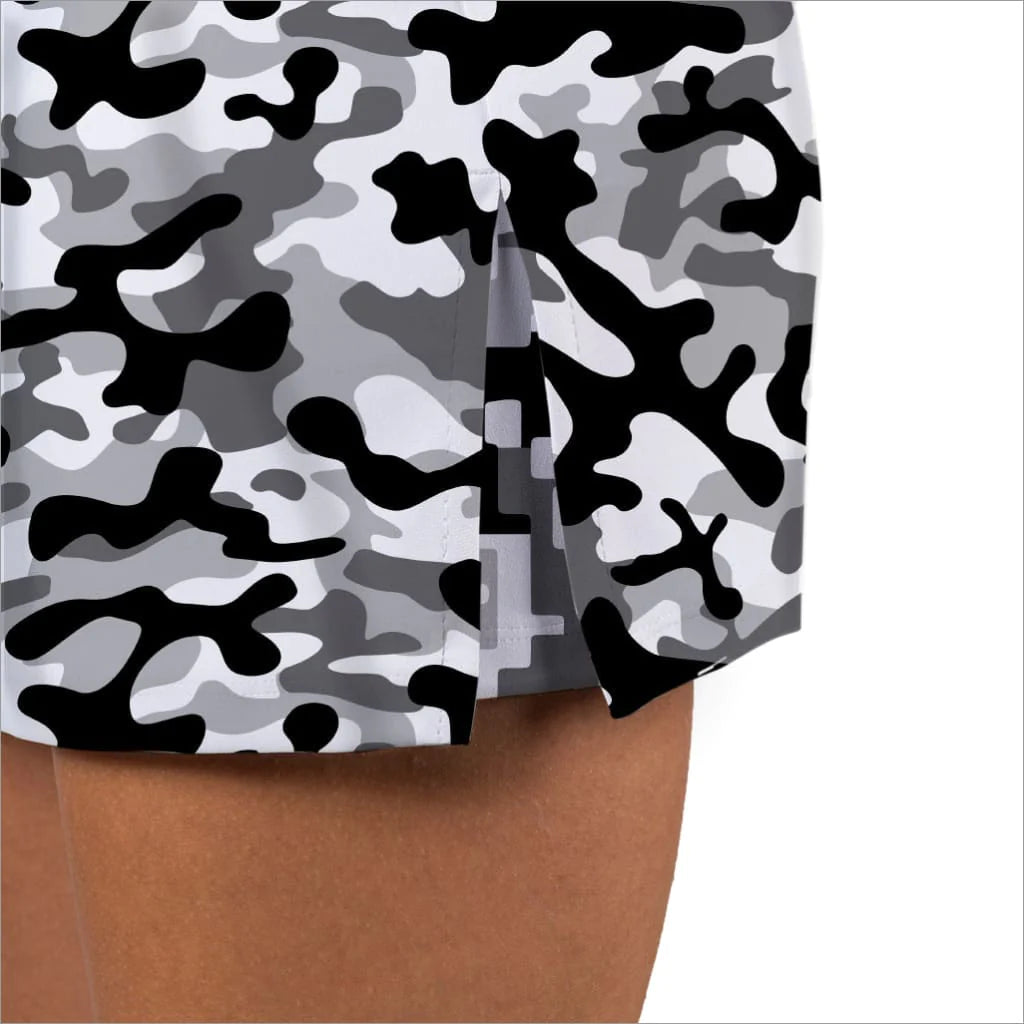Front image of Skort Obsessions black camo printed skort. Black and white printed skort. 