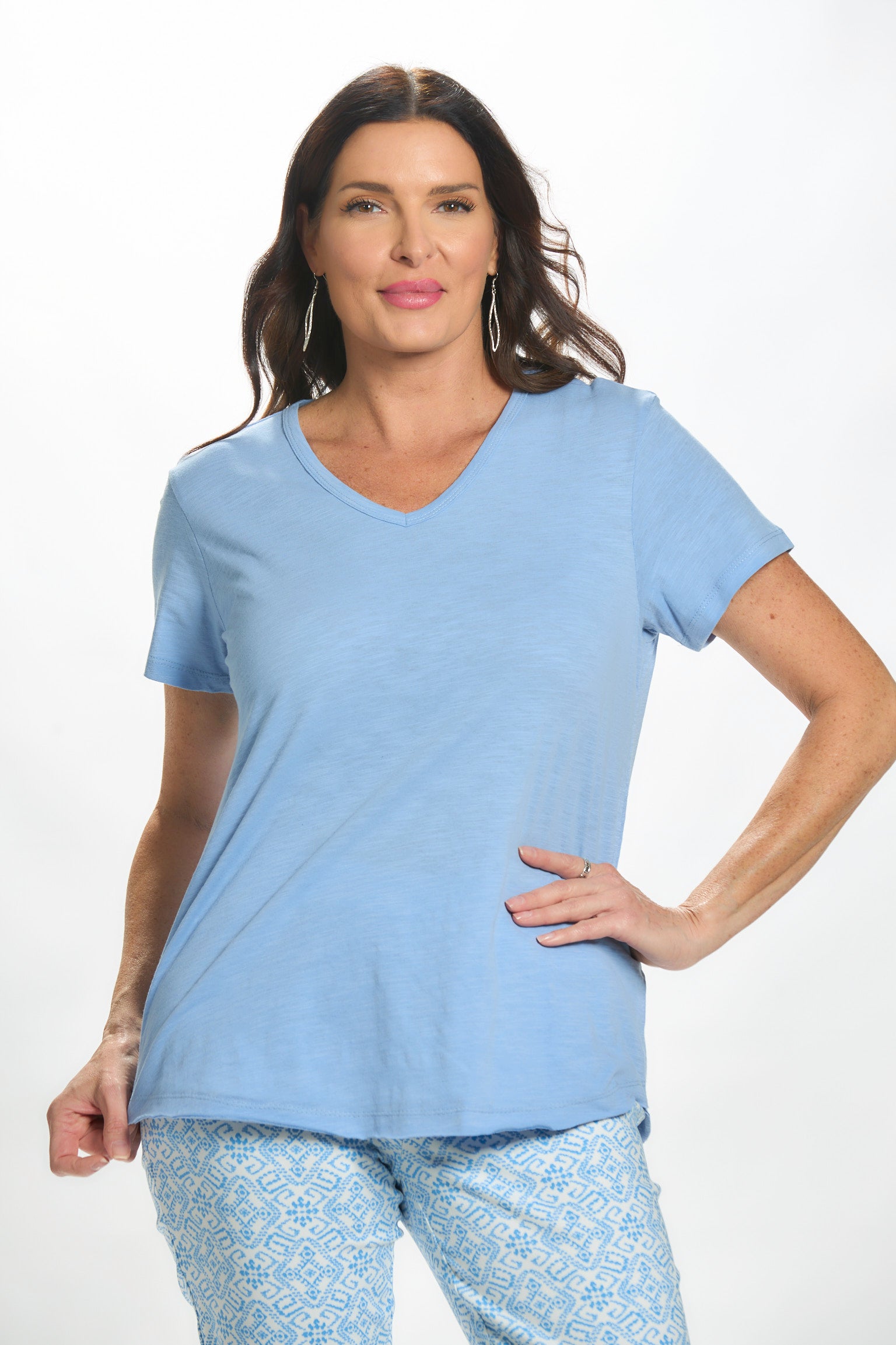 Front image of lulu b short sleeve stella tee in peri blue. 
