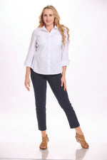 Front image of classic button front blouse. Elo white collared top. 