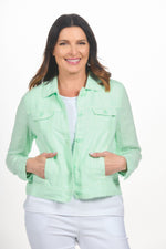 Front image of lulu b long sleeve button front linen jacket. Clear lime linen jacket. 