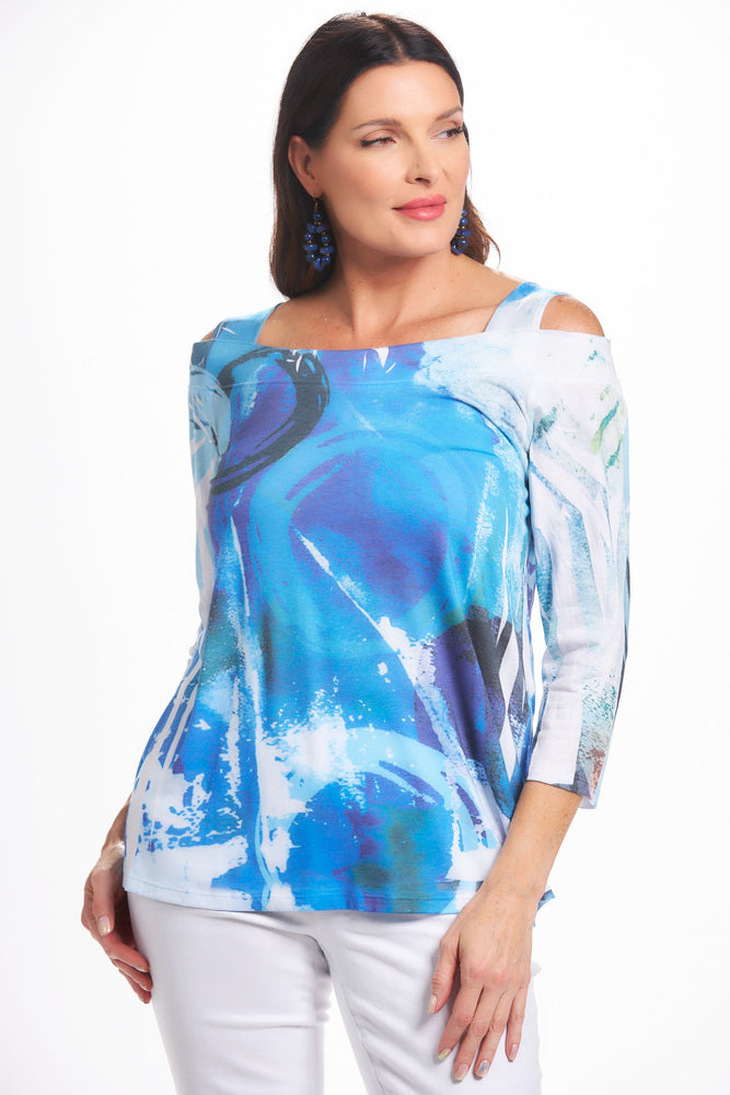 Front image of Impluse 3/4 sleeve print cold shoulder top. Blue printed made in the USA top. 