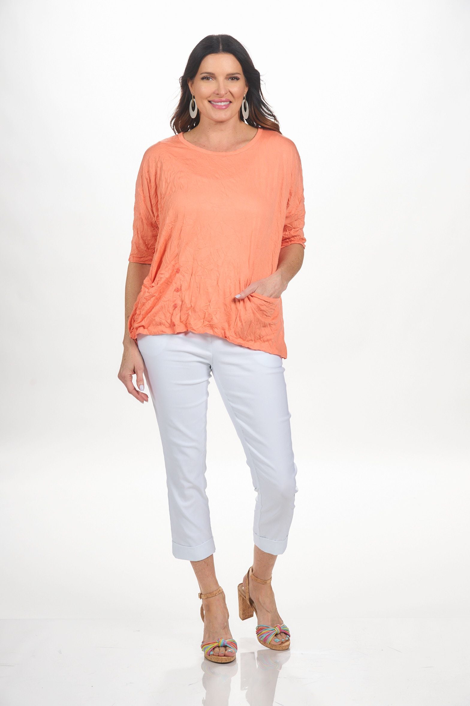 Front image of Shana 2 pocket crinkle top in coral. 