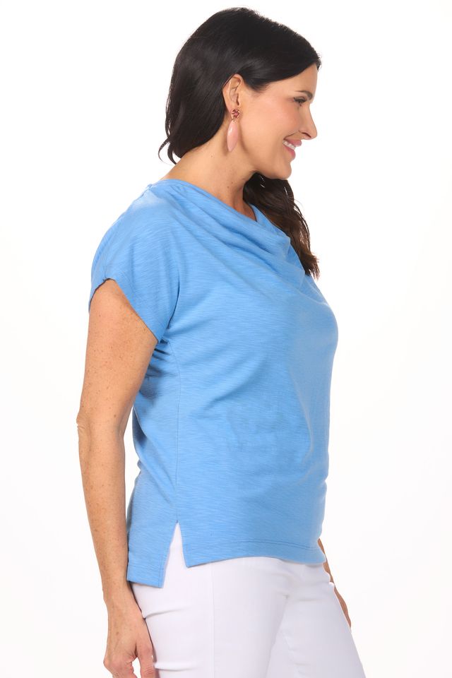Side image of cap sleeve cowl neck top in cornflower blue.