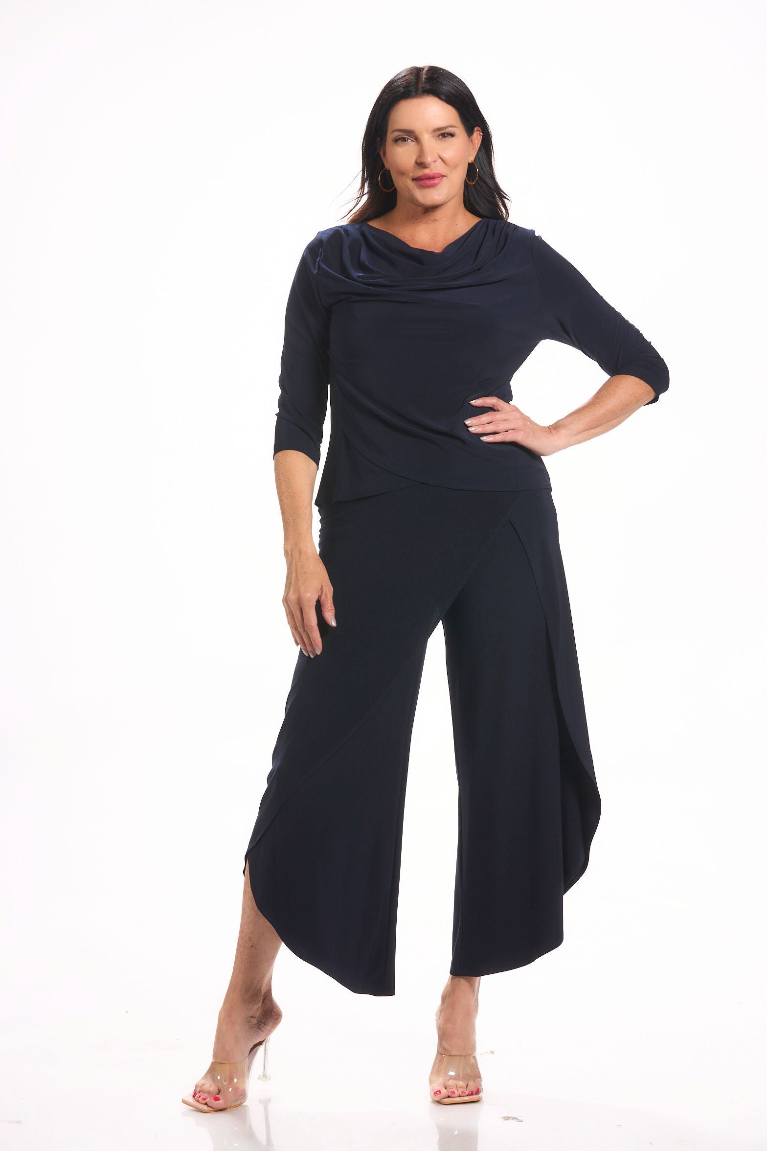 Front image of navy pull on wrap pant.