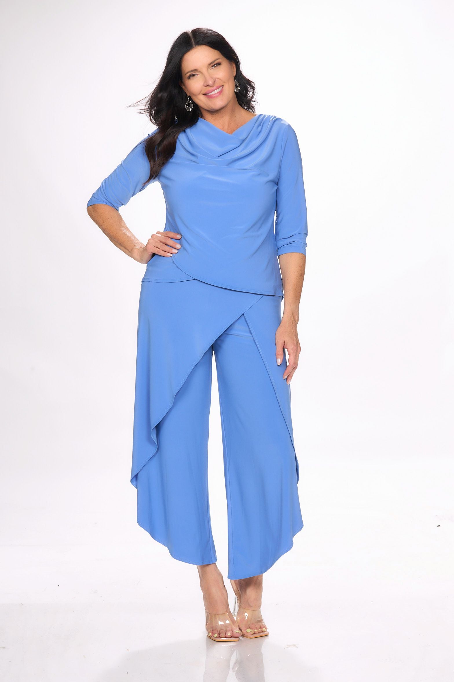 Front image of Picadilly light blue cowl neck top.