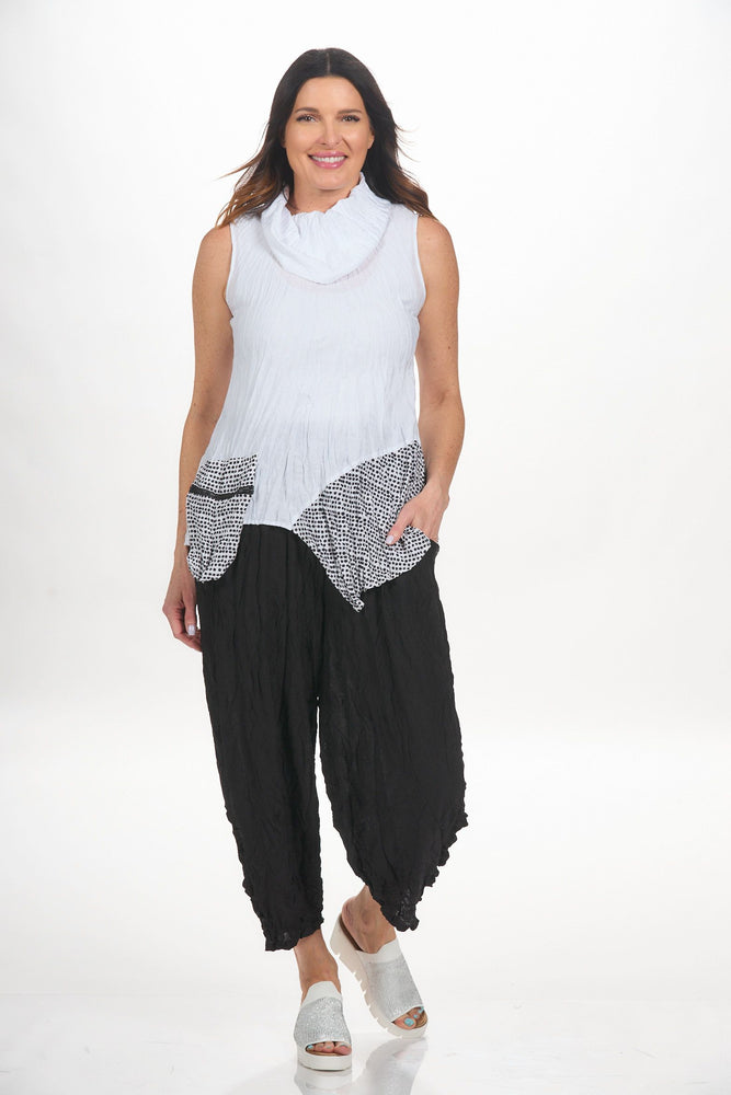 Front image of shana white cowl neck block top. 
