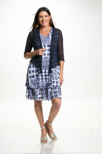 Front image of Shana sleeveless crinkle layer dress in navy print. 