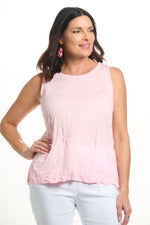 Front image of shana sleeveless keyhole back crinkle top in pink. 