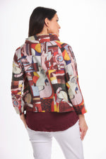 Back image of Shana short printed crushed jacket. Pink printed button cowl neck jacket. 