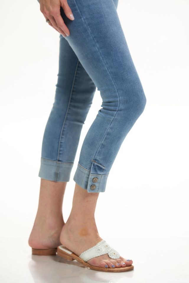 Side detail image of GG jeans denim crop cuff jeans.