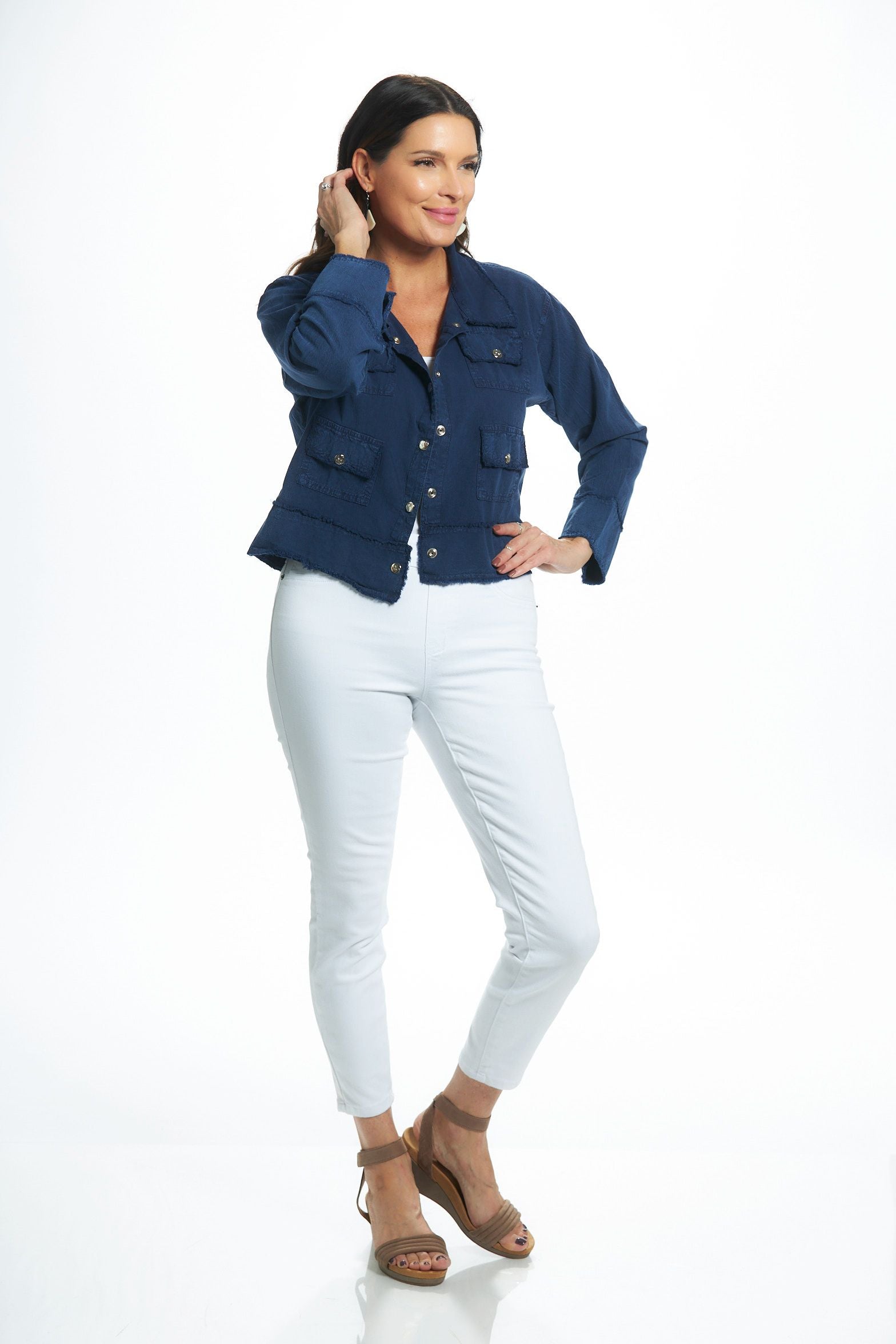 Front image of dark denim gio jacket. Long sleeve lightweight jacket. 