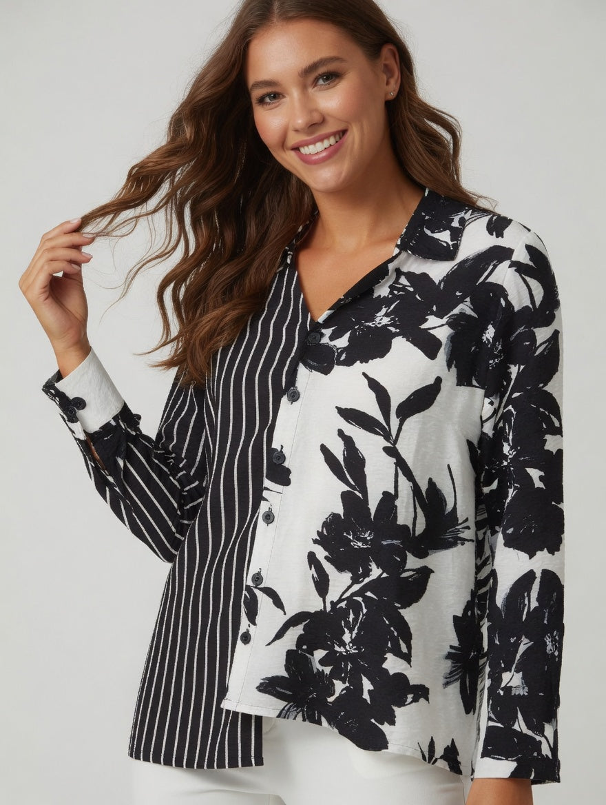 3/4 Sleeve Mixed Print Shirt