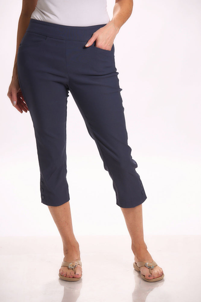 Front image of Tribal side snap capri in deep blue. 