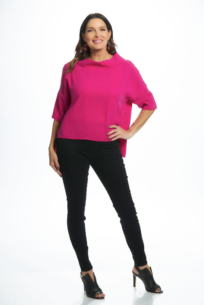 Front image of suzy d london cowl neck top. Hot pink sweater top. 