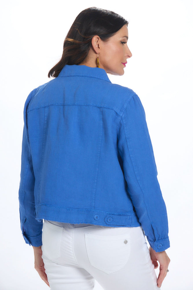 Back image of lulu b long sleeve button front linen jacket. Deep sea blue button up jacket. 