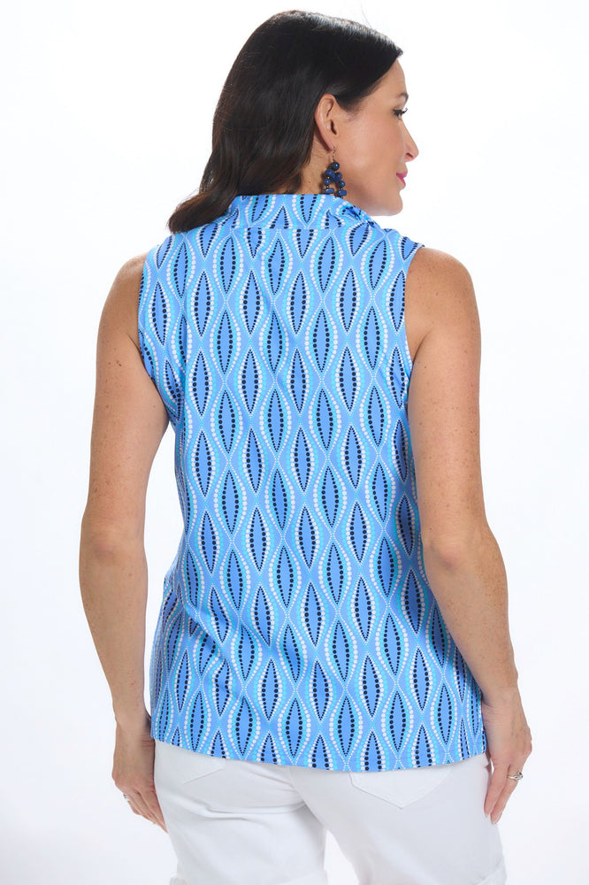 Back image of deep sea blue printed sleeveless top. 
