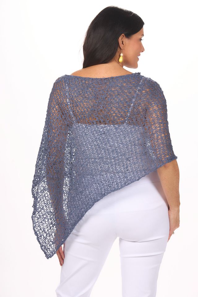 Back image of Lost River popcorn poncho in demin blue.