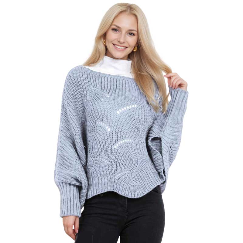 Front image of Magic Scarf denim blue sweater poncho.